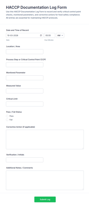 HACCP Documentation Log Form Template