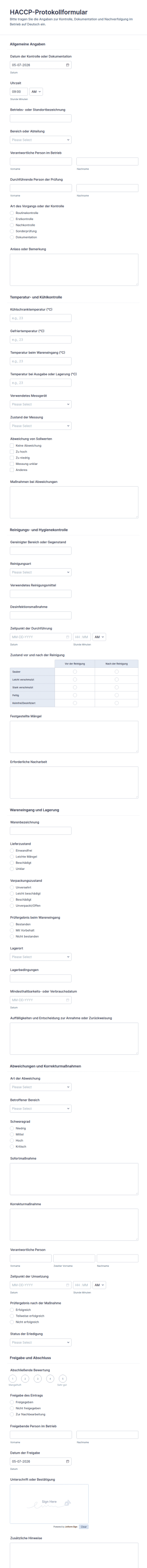 HACCP Dokumentationsformular