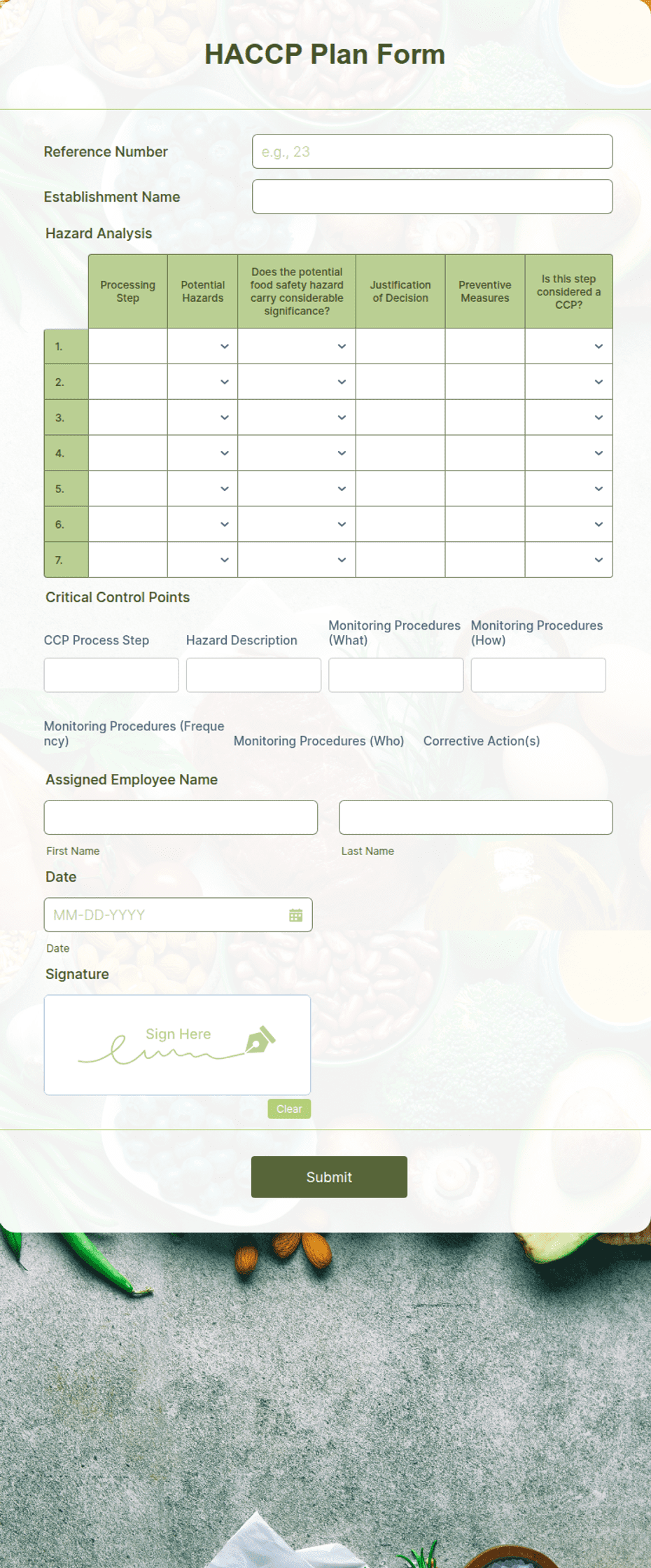 Haccp Inspection Form Example HACCP Plan Form Template | Jotform