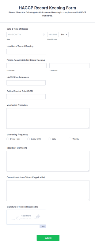 HACCP Record Keeping Form Template