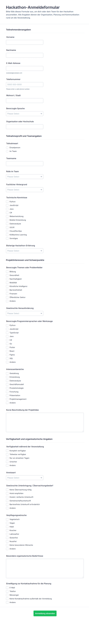 Hackathon Anmeldung Formular