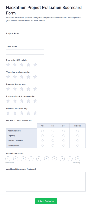 Hackathon Project Evaluation Scorecard Form Template