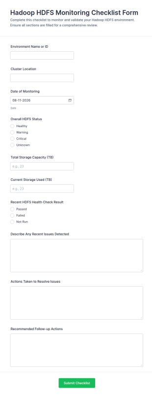 Hadoop HDFS Monitoring Checklist Form Template