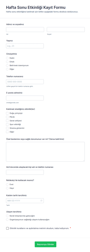 Hafta Sonu Etkinliği Kayıt Form Şablonu