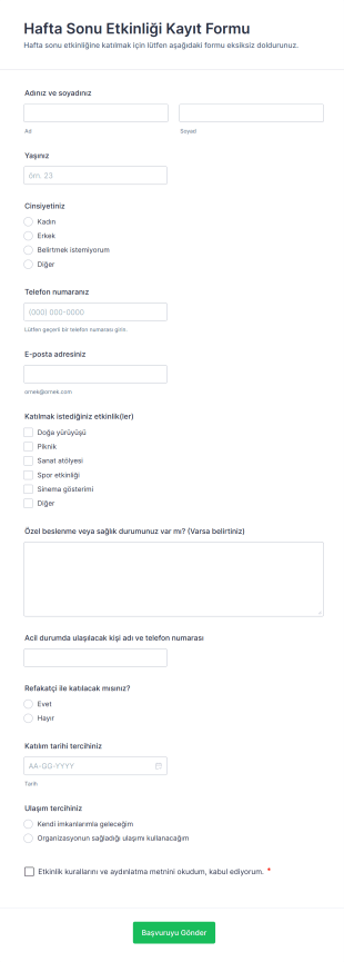Hafta Sonu Etkinliği Kayıt Form Şablonu