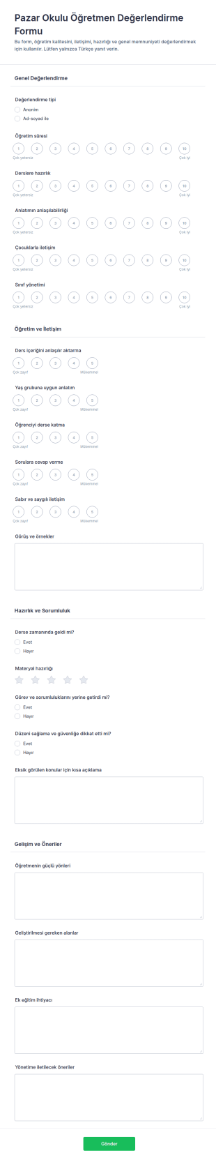 Hafta Sonu Kutsal Kitap Öğretmen Değerlendirme Anketi Form Şablonu