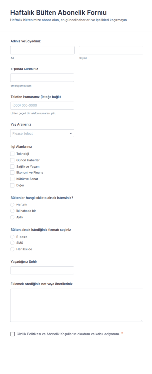 Haftalık Bülten Abonelik Form Şablonu