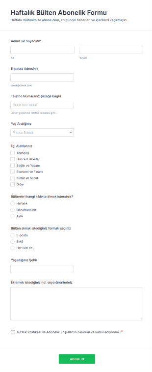 Haftalık Bülten Abonelik Form Şablonu