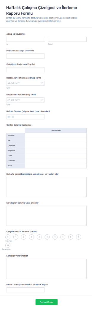 Haftalık Çalışma Ve İlerleme Raporu Anketi Form Şablonu