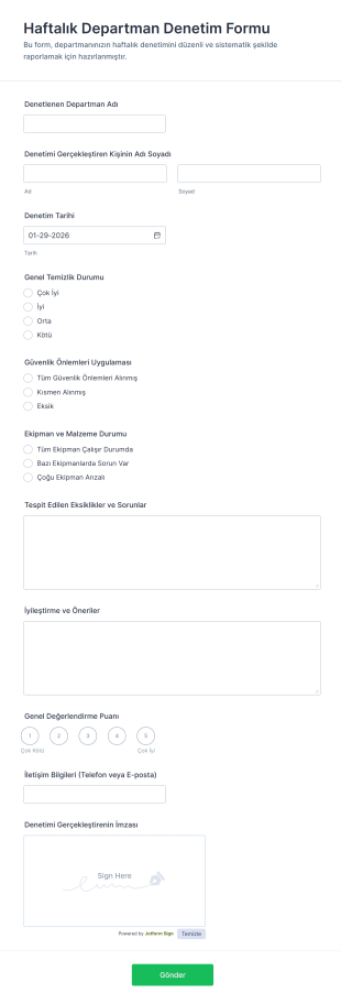 Haftalık Departman Denetim Form Şablonu
