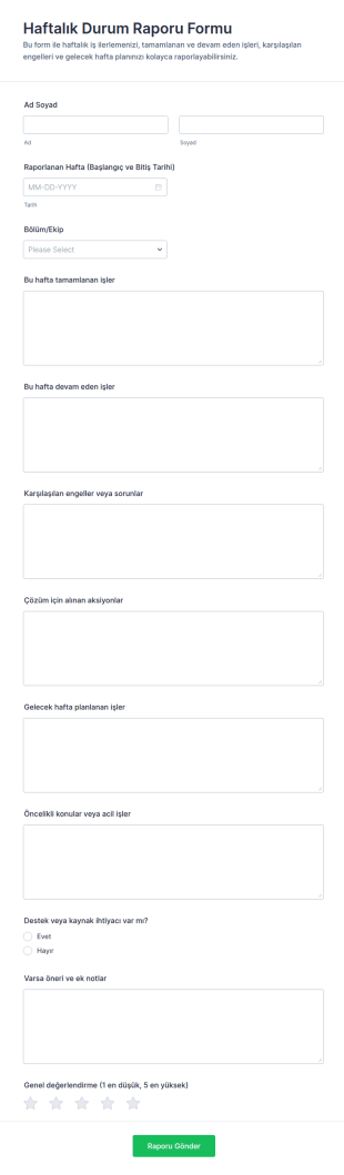 Haftalık Durum Raporu Anketi Form Şablonu