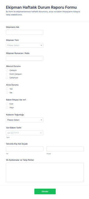 Ekipman Haftalık Durum Raporu Form Şablonu