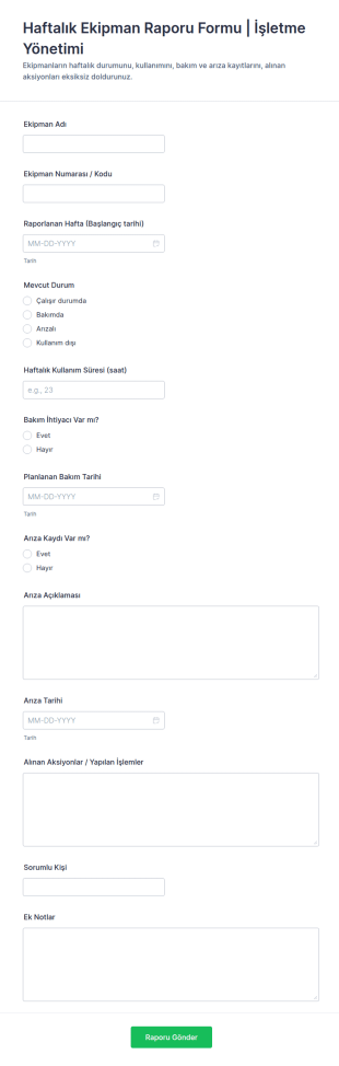 Ekipman Haftalık Durum Raporu Form Şablonu