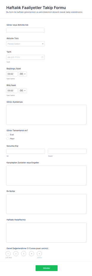 Haftalık Faaliyetler Takip Form Şablonu