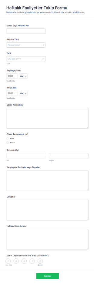 Haftalık Faaliyetler Takip Form Şablonu