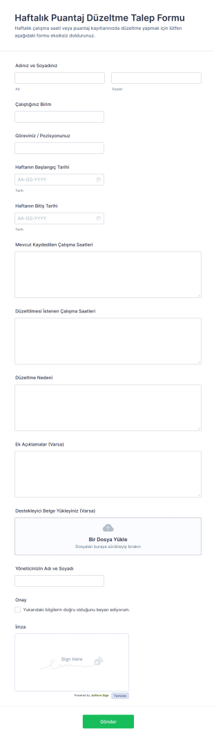 Haftalık Puantaj Düzeltme Talep Form Şablonu