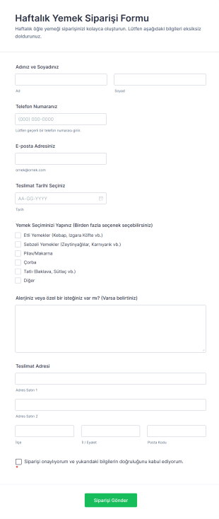 Haftalık Yemek Siparişi Form Template