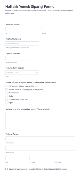 Haftalık Yemek Siparişi Form Şablonu