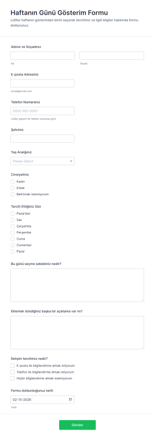 Haftanın Günü Gösterim Form Şablonu