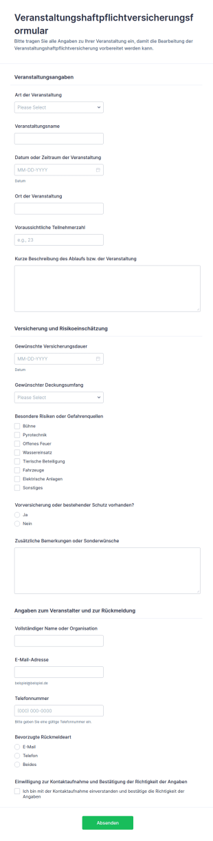 Haftpflichtversicherung Für Veranstaltungen Formular