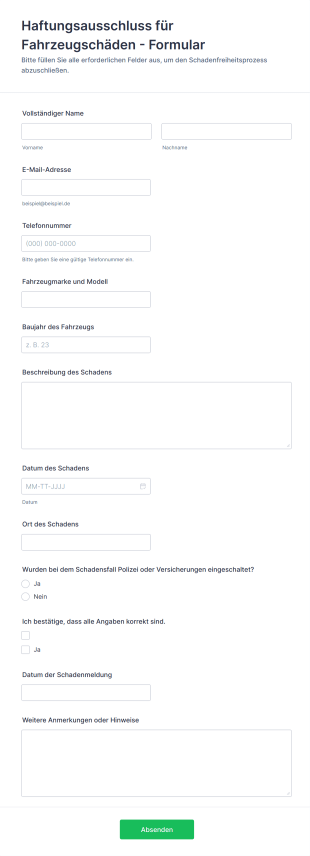 Haftungsausschluss Für Fahrzeugschäden Formular
