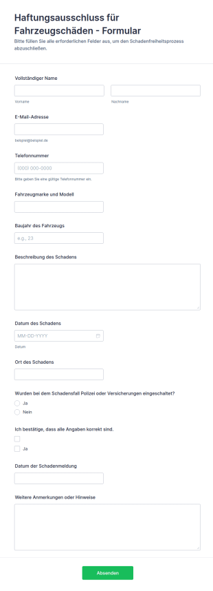 Haftungsausschluss Für Fahrzeugschäden Formular