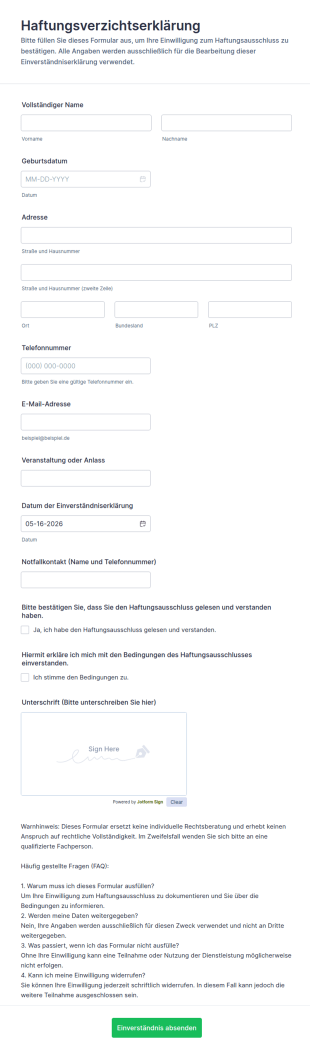 Haftungsausschluss Und Freistellungsformular
