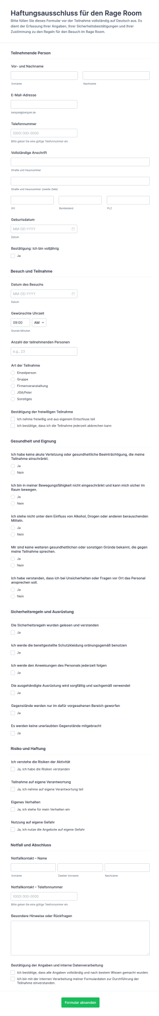 Haftungsfreistellung Für Rage Room