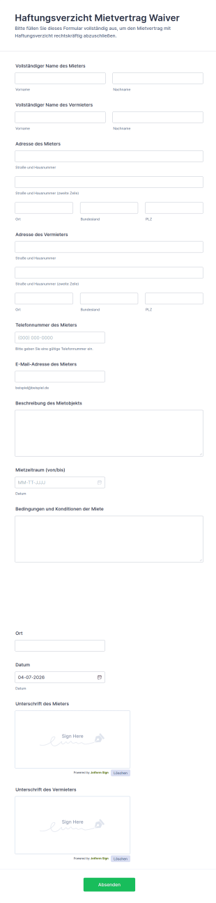 Haftungsfreistellung Mietvertrag Formular 📄