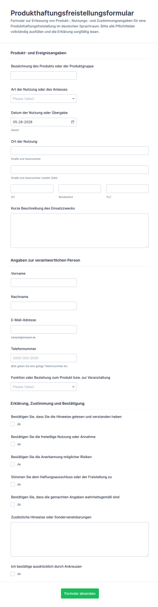 Haftungsfreistellungserklärung Formular