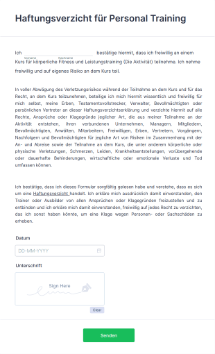 Haftungsverzicht Für Personal Training Form Template