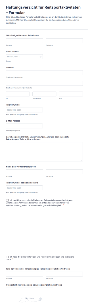 Haftungsverzicht Für Reitsportaktivitäten – Formular