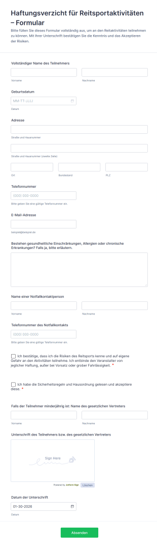 Haftungsverzicht Für Reitsportaktivitäten – Formular