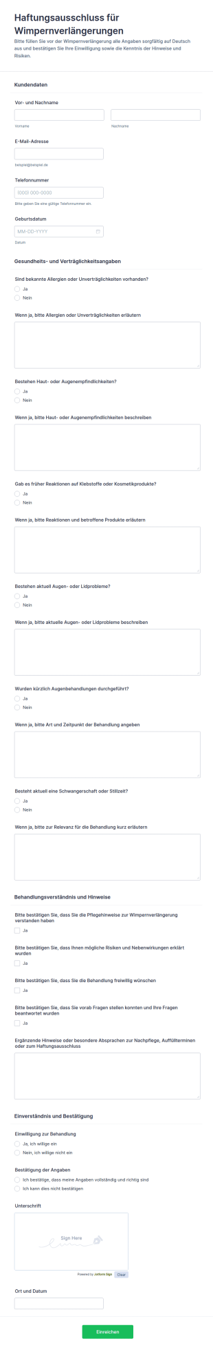 Haftungsverzicht Für Wimpernverlängerungen Formular