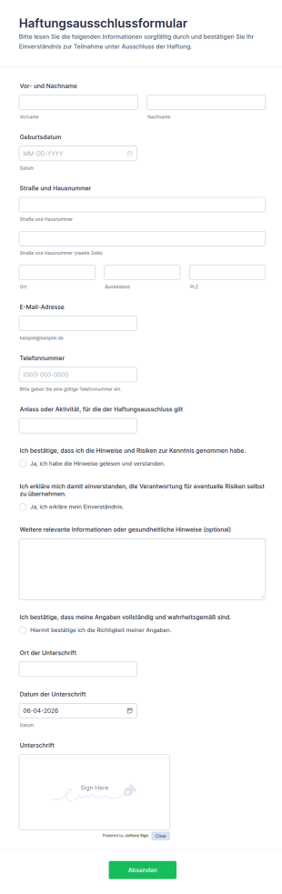 Haftungsverzicht Und Freistellung Zustimmungserklärung