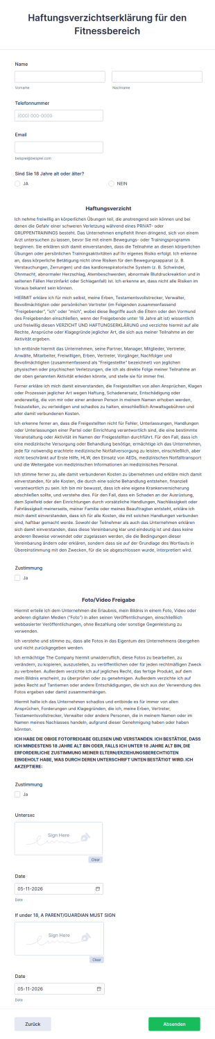 Haftungsverzichtserklärung Für Den Fitnessbereich