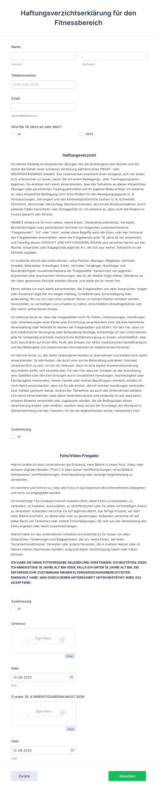 Haftungsverzichtserklärung Für Den Fitnessbereich Form Template