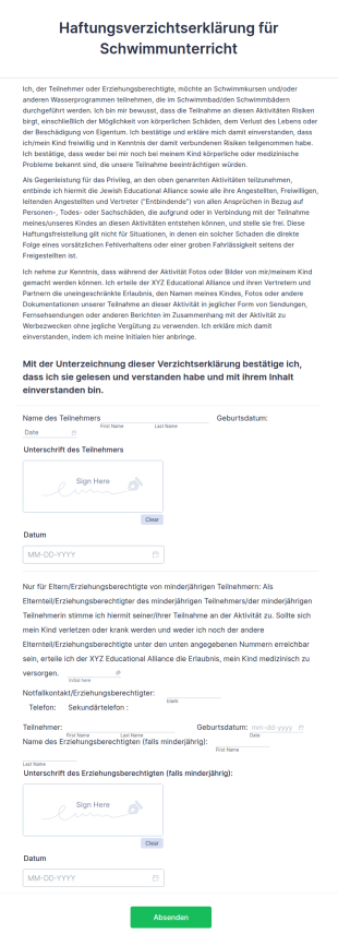 Haftungsverzichtserklärung Für Schwimmunterricht