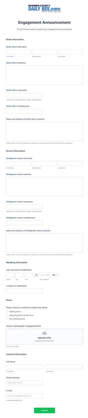 Newspaper Engagement Announcement Form Template