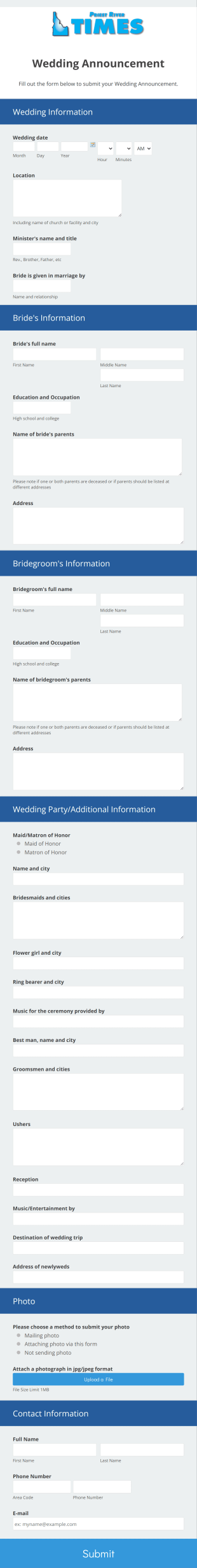 Hagadone Newspaper Wedding Announcement Form 2 Form Template