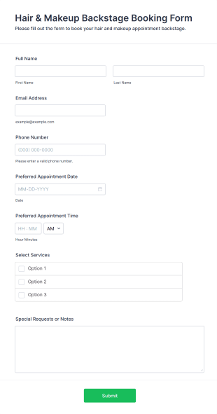 Hair & Makeup Backstage Booking Form Template
