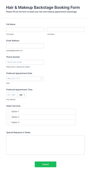 Hair & Makeup Backstage Booking Form Template
