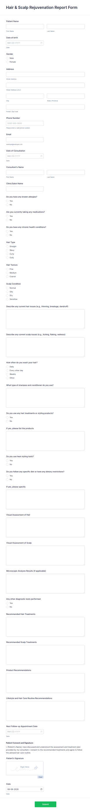 Hair & Scalp Rejuvenation Report Form Template
