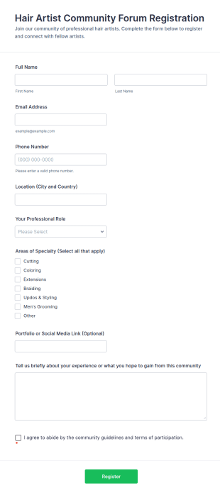 Hair Artist Community Forum Registration Form Template