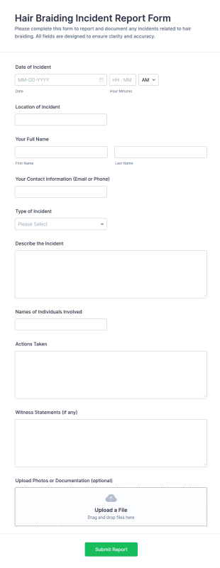 Hair Braiding Incident Report Form Template