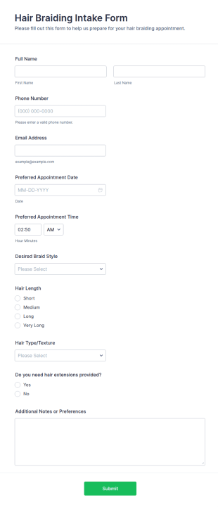 Hair Braiding Intake Form Template