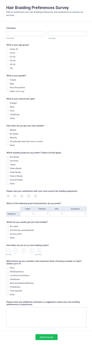 Hair Braiding Preferences Survey Form Template