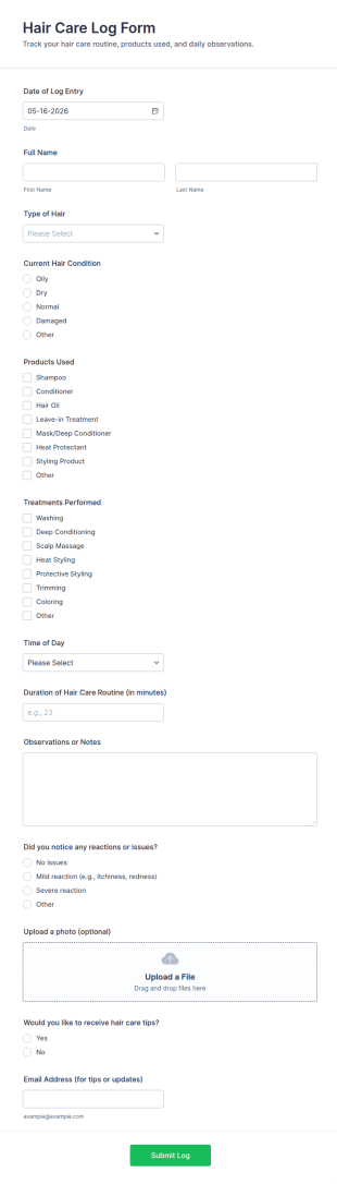 Hair Care Log Form Template
