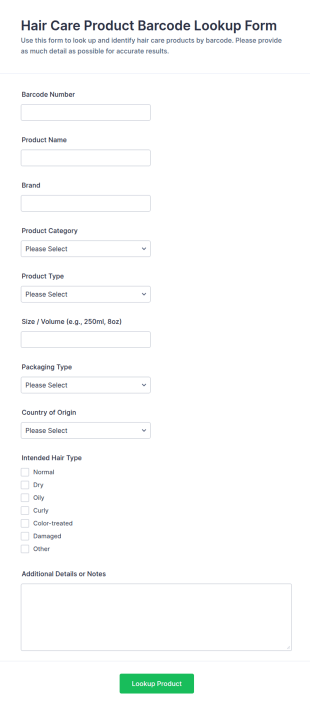 Hair Care Product Barcode Lookup Form Template