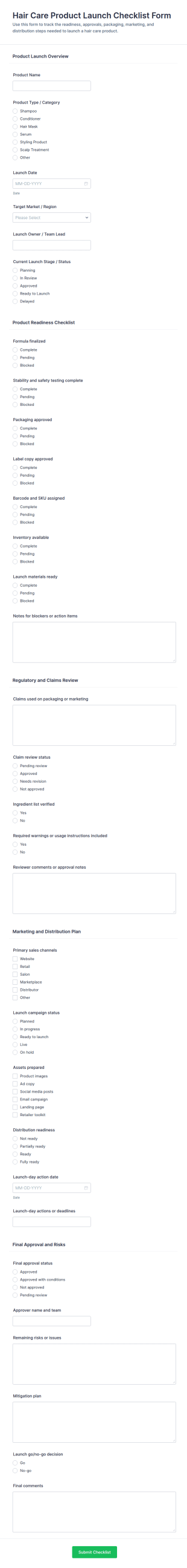 Hair Care Product Launch Checklist Form Template